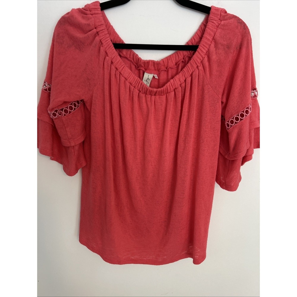 Alison Joy Women's Small Top Ruffle‎ Sleeves Round Collar Coral